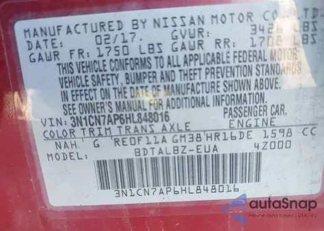 2017 Nissan Versa 1.6 Sv from USA, damaged, VIN 3N1CN7AP6HL848016